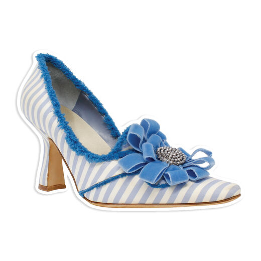 Paper postcard shaped as a blue and white striped high heel pointed shoe.